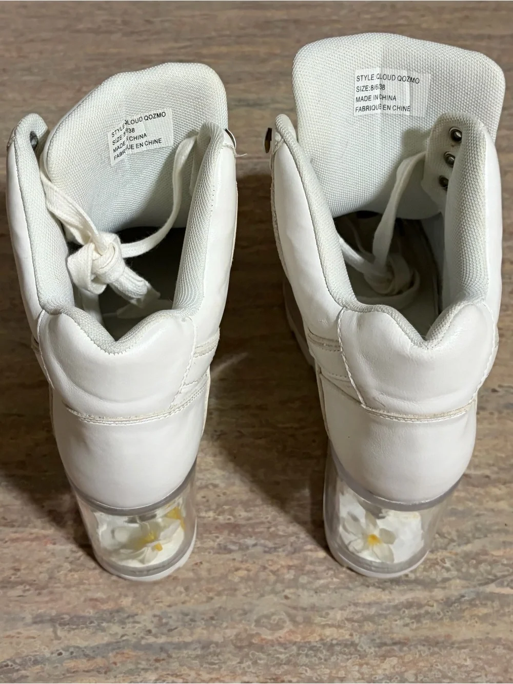 YRU QLOUD QOZMO White Platform Sneakers with Ivory Flowers inside the clear sole